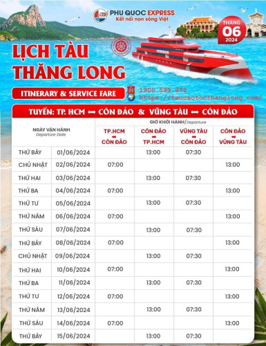 LỊCH TÀU CÔN ĐẢO TỪ VŨNG TÀU, SÀI GÒN 6/2024 (UPDATE SÁT GIỜ TÀU CHẠY 45’)