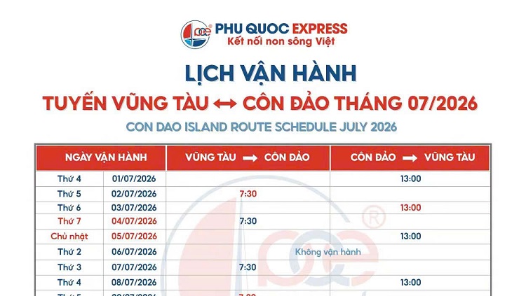 Lịch tàu Vũng Tàu - Côn Đảo 7/2026